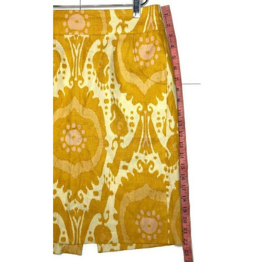 J Crew Patterned Pencil Skirt Yellow 100% Linen Pockets Kick Pleat Knee Length 2 - Picture 6 of 8